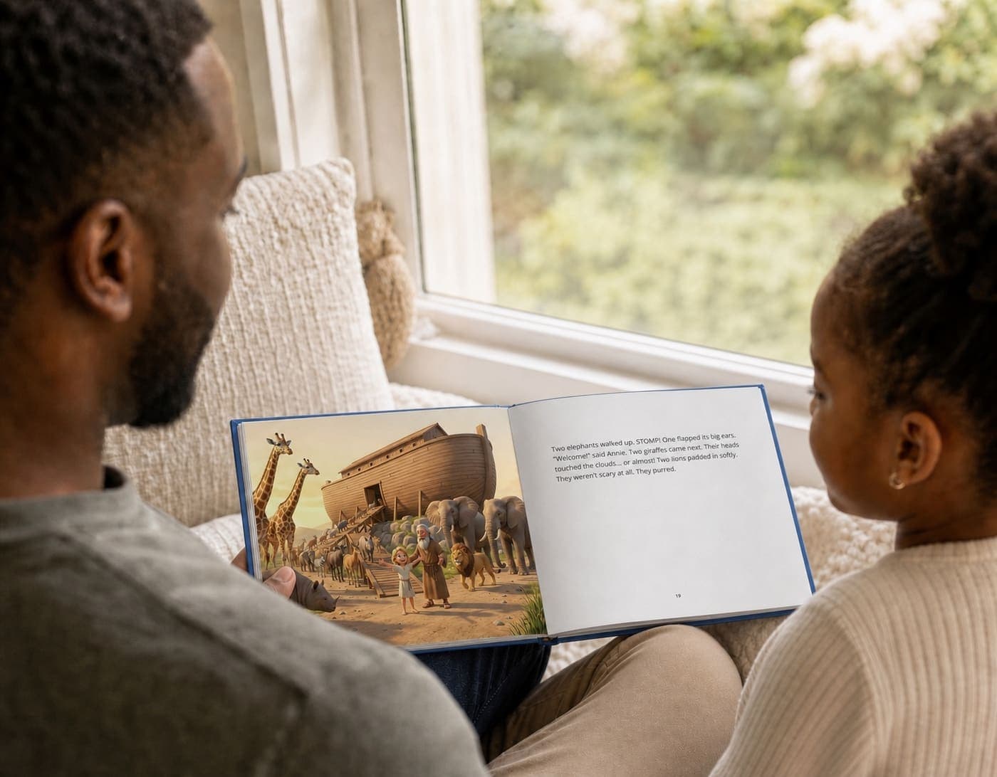 Parent and child reading an open personalized Noah's Ark storybook together